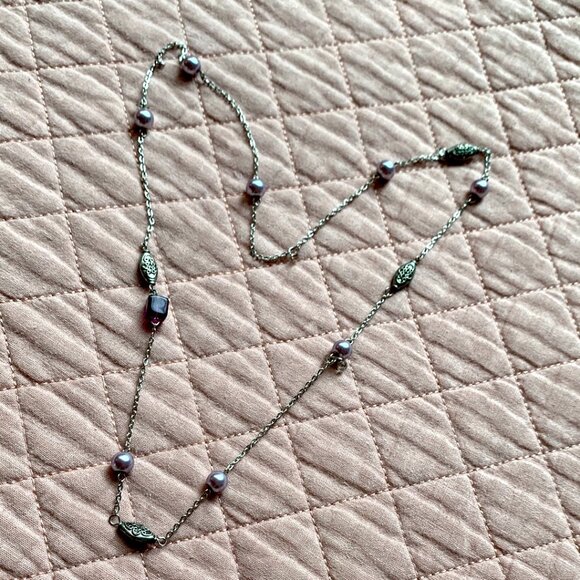 2x18$ ๐ ๐ CREATION - Purple & violet pearl Silver tone chains Beaded Necklace - Picture 3 of 7